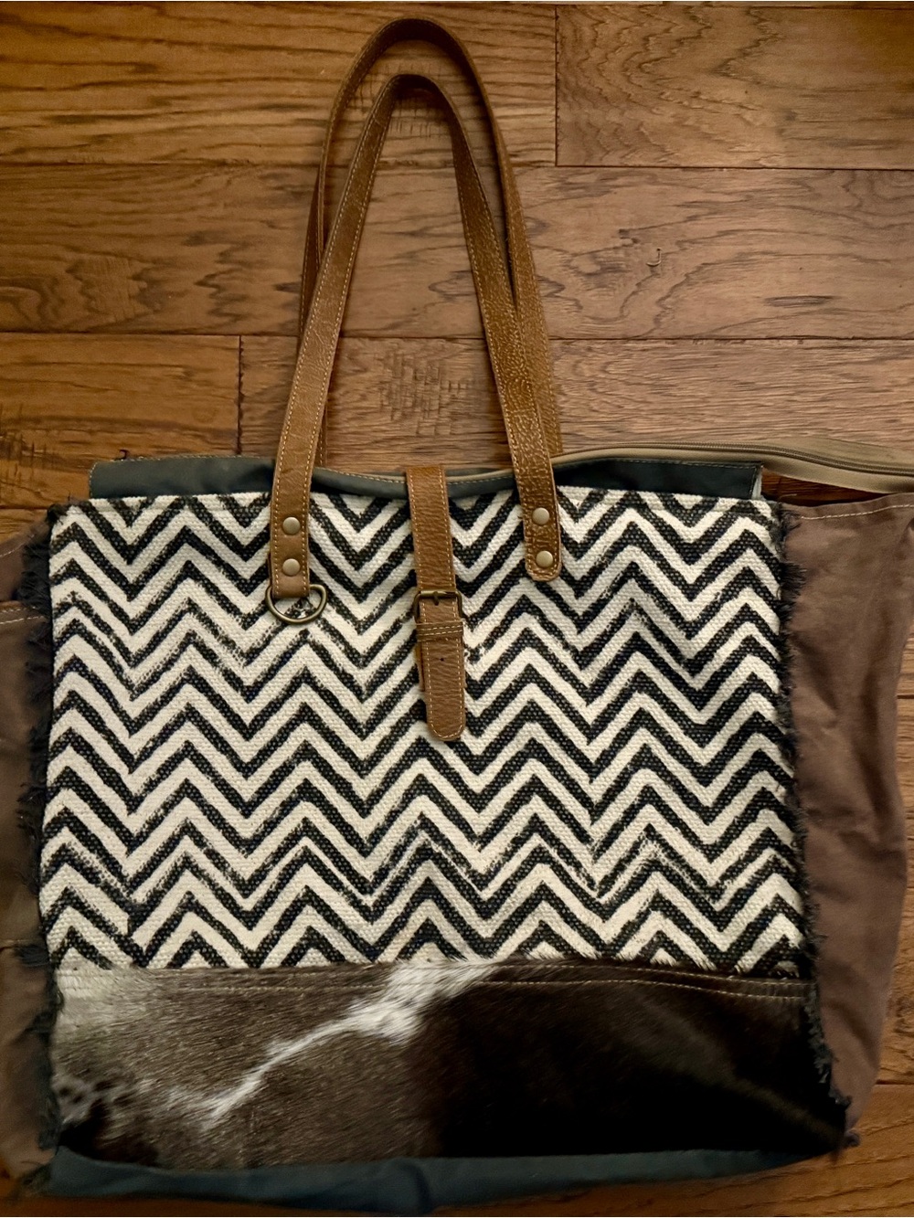 Myra Bag Large Tote Bag with Black & White Chevron and Brown Leather Handles
